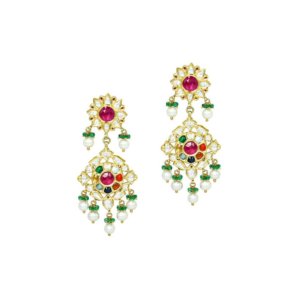 Navaratan Earrings with Polki Diamonds, Pearls, and Emerald Beads